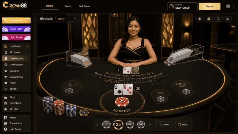 Crown88 Live Casino blackjack player making strategic decisions at a live dealer table