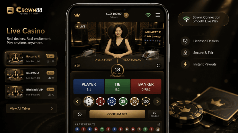 Player using Crown88 Live Casino on a smartphone while choosing a live dealer table